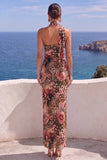 One Shoulder Mermaid Orange Maxi Floral Dress