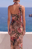 One Shoulder Mermaid Orange Maxi Floral Dress