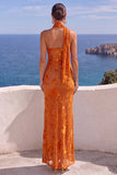 One Shoulder Mermaid Orange Maxi Floral Dress