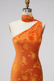 One Shoulder Mermaid Orange Maxi Floral Dress