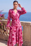 Green A-Line Velvet V-Neck Asymmetrical Ruched Midi Floral Dress with Long Sleeves