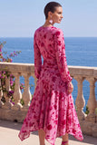 Green A-Line Velvet V-Neck Asymmetrical Ruched Midi Floral Dress with Long Sleeves
