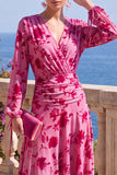 Green A-Line Velvet V-Neck Asymmetrical Ruched Midi Floral Dress with Long Sleeves
