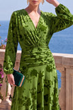 Green A-Line Velvet V-Neck Asymmetrical Ruched Midi Floral Dress with Long Sleeves