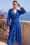 Green A-Line Velvet V-Neck Asymmetrical Ruched Midi Floral Dress with Long Sleeves