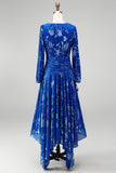 Green A-Line Velvet V-Neck Asymmetrical Ruched Midi Floral Dress with Long Sleeves