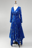 Green A-Line Velvet V-Neck Asymmetrical Ruched Midi Floral Dress with Long Sleeves