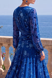 Green A-Line Velvet V-Neck Asymmetrical Ruched Midi Floral Dress with Long Sleeves