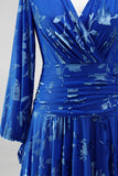 Green A-Line Velvet V-Neck Asymmetrical Ruched Midi Floral Dress with Long Sleeves