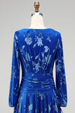 Green A-Line Velvet V-Neck Asymmetrical Ruched Midi Floral Dress with Long Sleeves