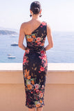 Blue Flower One Shoulder Bodycon Midi Dress