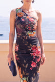 Blue Flower One Shoulder Bodycon Midi Dress