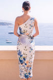 Blue Flower One Shoulder Bodycon Midi Dress