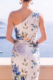 Blue Flower One Shoulder Bodycon Midi Dress