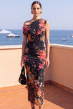 Coffee One Shoulder Bodycon Ruched Midi Floral Dress with Slit