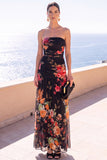 Strapless Coffee A-Line Ruched Chiffon Maxi Floral Dress