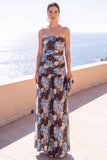 Strapless Coffee A-Line Ruched Chiffon Maxi Floral Dress