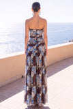 Strapless Coffee A-Line Ruched Chiffon Maxi Floral Dress