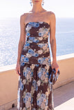 Strapless Coffee A-Line Ruched Chiffon Maxi Floral Dress