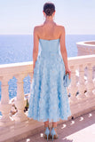 Strapless Blue A-Line Midi Floral Dress with Appliques