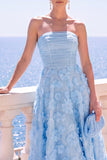 Strapless Blue A-Line Midi Floral Dress with Appliques