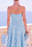 Strapless Blue A-Line Midi Floral Dress with Appliques