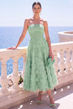 Strapless Blue A-Line Midi Floral Dress with Appliques