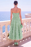 Strapless Blue A-Line Midi Floral Dress with Appliques