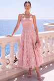 Strapless Blue A-Line Midi Floral Dress with Appliques