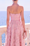 Strapless Blue A-Line Midi Floral Dress with Appliques