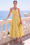 Strapless Blue A-Line Midi Floral Dress with Appliques