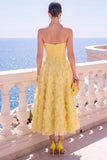 Strapless Blue A-Line Midi Floral Dress with Appliques