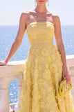 Strapless Blue A-Line Midi Floral Dress with Appliques
