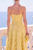 Strapless Blue A-Line Midi Floral Dress with Appliques