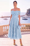 Off the Shoulder Blue A-Line Midi Floral Dress with Lace Up Back
