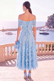 Off the Shoulder Blue A-Line Midi Floral Dress with Lace Up Back