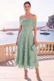 Off the Shoulder Blue A-Line Midi Floral Dress with Lace Up Back