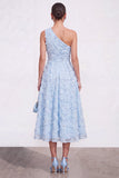 Blue A-Line One Shoulder Floral Midi Dress with Beading