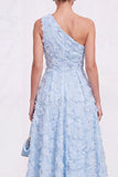 Blue A-Line One Shoulder Floral Midi Dress with Beading