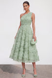 Blue A-Line One Shoulder Floral Midi Dress with Beading
