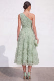 Blue A-Line One Shoulder Floral Midi Dress with Beading