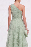 Blue A-Line One Shoulder Floral Midi Dress with Beading