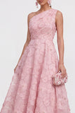 Blue A-Line One Shoulder Floral Midi Dress with Beading