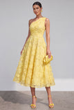 Blue A-Line One Shoulder Floral Midi Dress with Beading