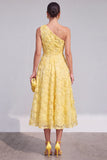 Blue A-Line One Shoulder Floral Midi Dress with Beading