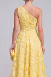 Blue A-Line One Shoulder Floral Midi Dress with Beading