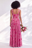 Blue Square Neck Velvet Corset Floral Ruched Long Bridesmaid Dress with Slit