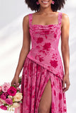 Blue Square Neck Velvet Corset Floral Ruched Long Bridesmaid Dress with Slit