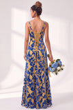 Mermaid Square Neck Velvet Floral Ruched Long Bridesmaid Dress