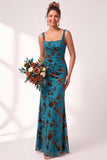 Mermaid Square Neck Velvet Floral Ruched Long Bridesmaid Dress